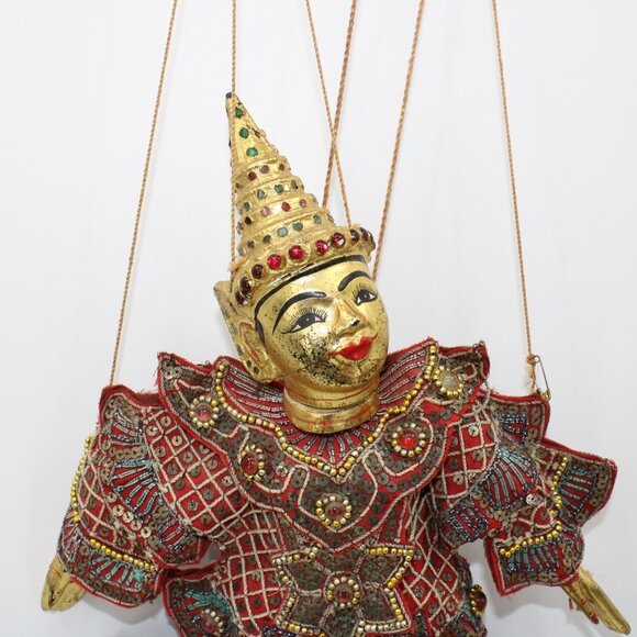 Handmade Traditional Burmese Puppet Gold Face Ornate Costume Strings Attached - Picture 9 of 9